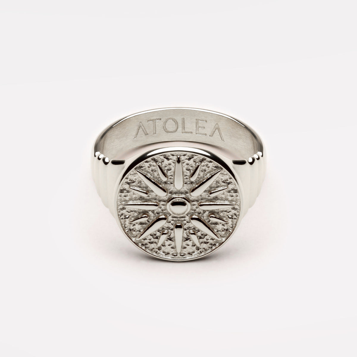 Silver sun signet ring with engraved Atolea band